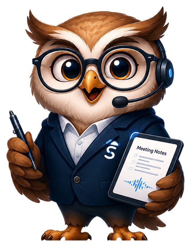 Stenoji owl mascot taking meeting notes